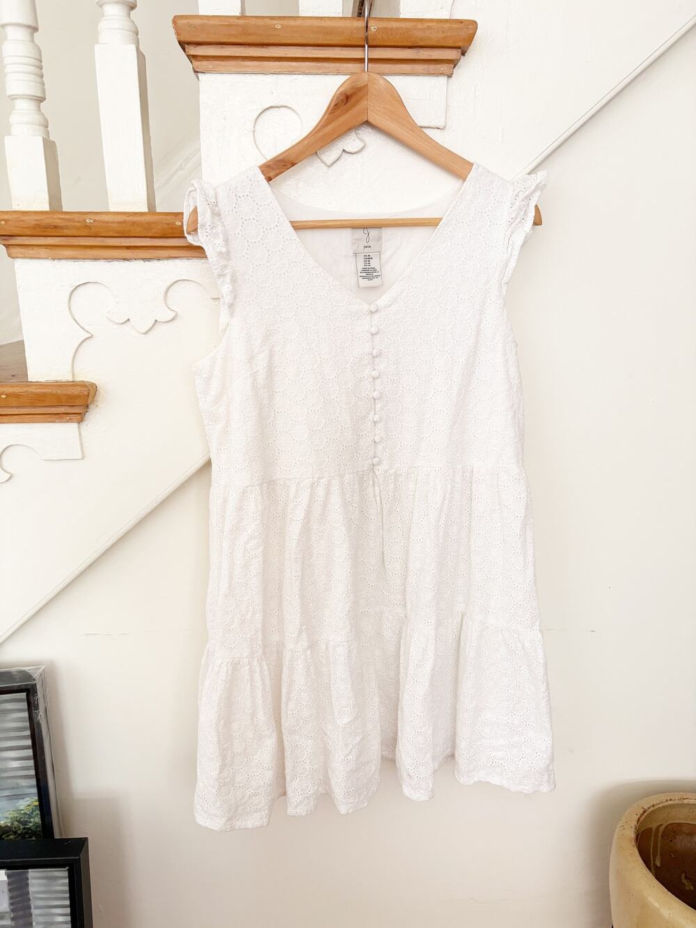 Joie White Eyelet Cotton Tiered Mini Dress Button Front Ruffle Sleeves Medium